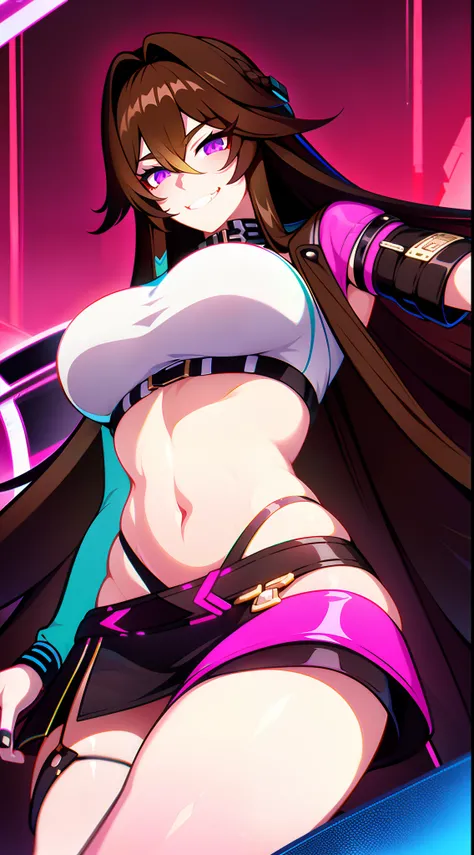 A  girl, Long brown hair, Heteroromy, left violet eye, Right Golden Eye, Turquoise cyberpunk top, leather jacket, Upskirt, open belly, open breasts, large breasts, smirk, tooth, fangs, claws, hiquality, 4k, HD, Good detail