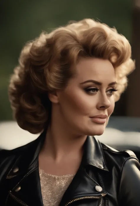 Adele as Sandy from Grease with curly hair and leather jacket