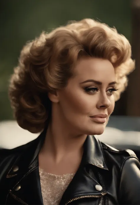 Adele as Sandy from Grease with curly hair and leather jacket