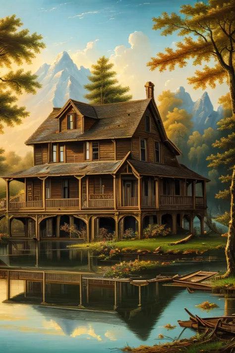 Abandoned house by the lake,landscape, Water, (8k wallpaper of extremely detailed CG unit), The most beautiful works of art in the world, Majestic oil painting expert, Convoluted, high detailing, Sharp Focus, Dramatic and realistic pictorial art --auto