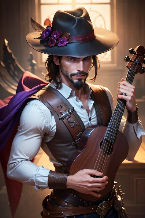 A toned man with high cheek bones, medium length brown hair, A mustashe and goatee. He is wearing a long-brimmed hat with a feather in it. A purple and red loose silk shirt and trousers tucked into flared boots. He has a lute on his back. He has on his fac...