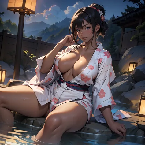 There is a woman lying in a hot spring,(((A MILF: 1.4))), (Curve:1.35),(((Dark skin))),Curvaceous physique,, thick body，((bignipple)),((Completely naked)), (((Pinching breasts under a yukata))),((Transparent yukata)),(Open legs),((Pubic hair)), high-end on...