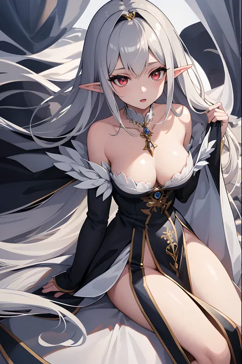 1girl, anime, cute girl, elf, blank background, white background, fantasy, detailed dark fantasy dress with highlights, beautiful face, beautiful eyes, dark colors, medium breasts, slight cleavage, beautiful skin, cute, silver hair, red eyes, breast curtai...