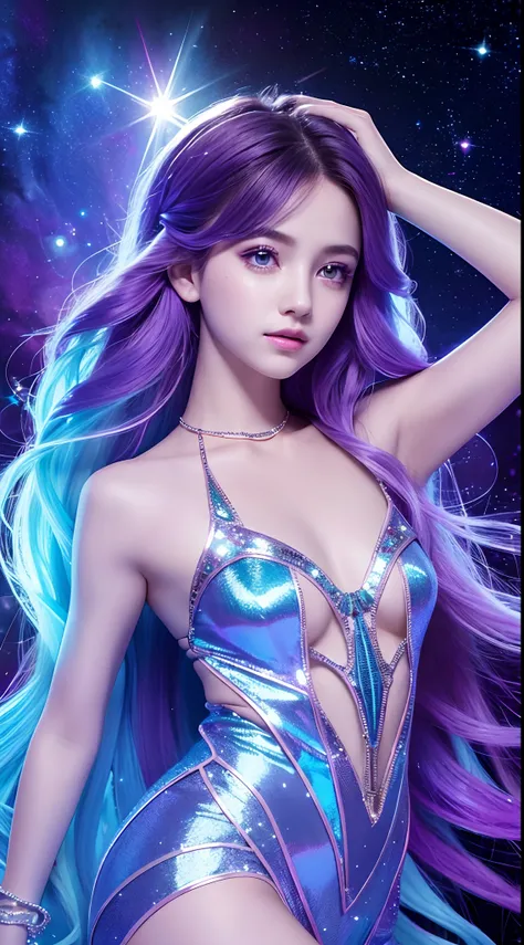 Background: Mysterious quantum environment, Cosmic elements and ethereal atmosphere，A mix of bright lights and colorful nebulae. Theme: A mysterious girl with a magical aura. She has long, Colorful wavy curls, The shiny hair stands out. His eyes are deep a...