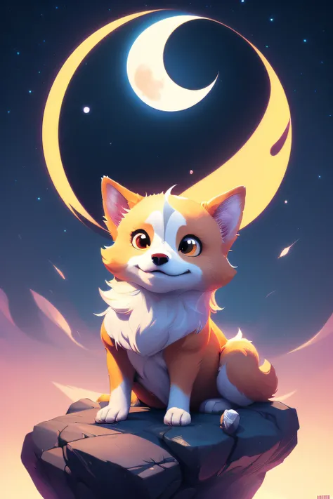 there is a doge sitting on a rock looking at the moon, concept art inspired by Cyril Rolando, pixiv contest winner, furry art, calm night. digital illustration, sitting on a moon, cute detailed digital art, howling at the moon, cyril rolando and goro fujit...