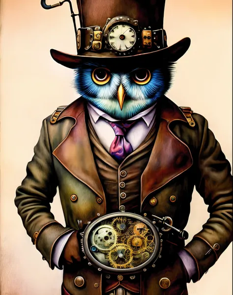 wtrcolor style, surrealism, anthro, Award winning ultra realistic Full body watercolor painting of an (((anthropomorphic))) Evil ((Steampunk)) owl, 10k high resolution, ink drips, Perfect Skin, Perfect hands, nffsw, high quality macro photo, render, colorf...