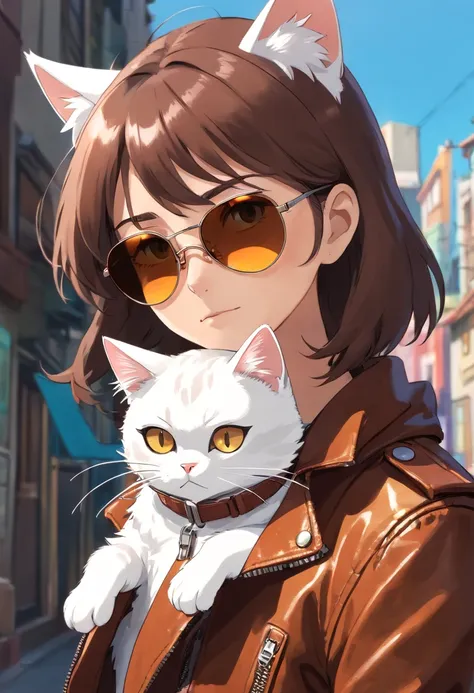 Humanoid white cat wearing aviator sunglasses and a dark brown leather jacket