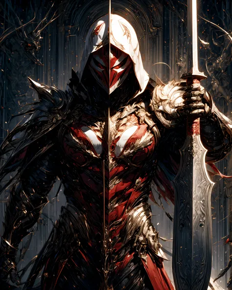 One Male albino knight with long hair, wearing heavy armor with a red hood, holding, holding long sword, holding weapon