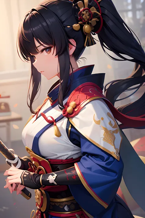 Beautiful female samurai of the Warring States period、Woman with semi-long hair、Samurais Idetouch、Samurai Pose、Big sword、、The appearance of the samurai、Computer Graphics Art、。.。.。.。.。.。.。.。.。.。.。.。.。.。.。.3D、hight resolution、top-quality、The upper part of th...