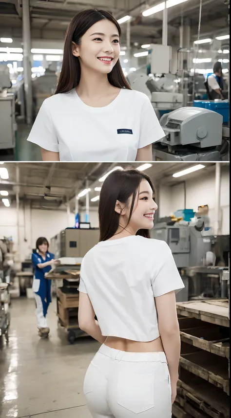 masutepiece, Best Quality, 超A high resolution,(photographrealistic:1.4) (depth of fields),(Lens Glow) ,inside factory:1.5、a Pretty Japanese woman１a person:1.5、(White Workwear Pants:1.5)、(white t-shirts:1.5)、(posterior view:1.5)、Shy smile、Pants dig into