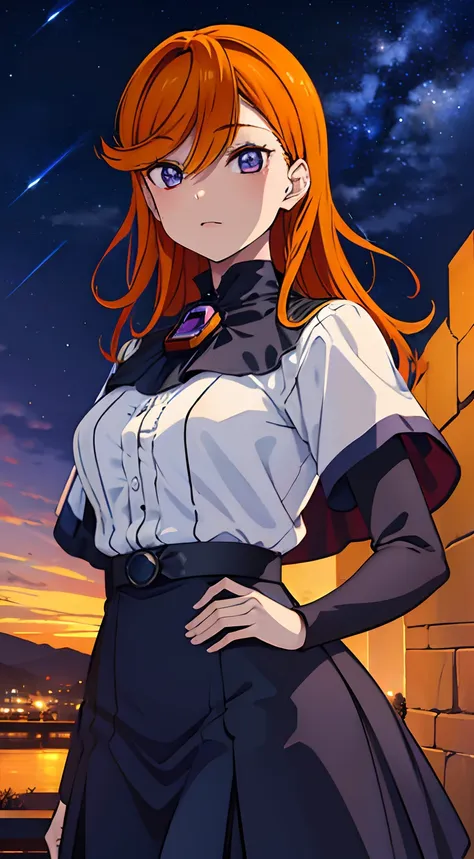 masterpiece, top quality, 1 anime girl, beautiful view , orange hair, purple eyes , on top of a mountain  , beautiful sky  view ...