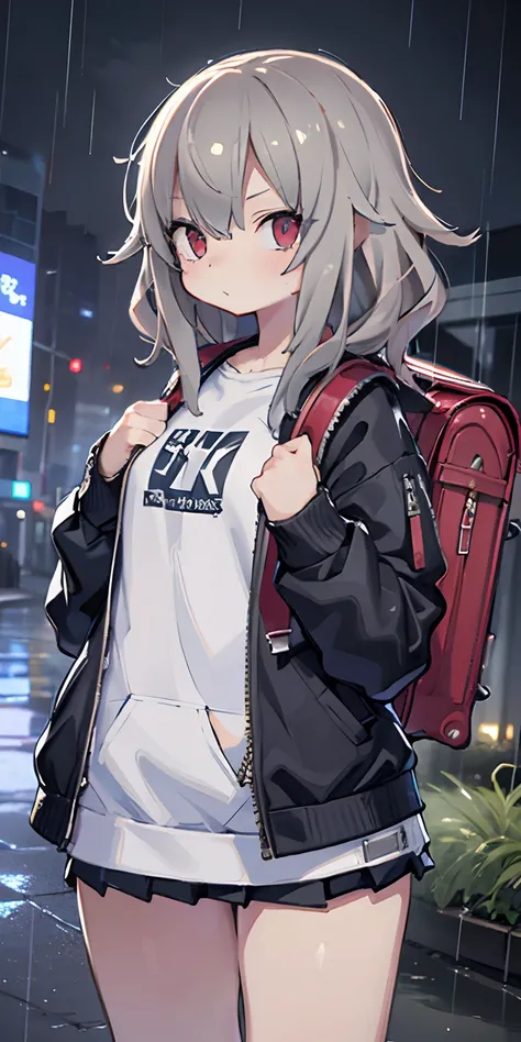 1girl, jacket, rain, outdoors, sweatshirt, open jacket, chain, backpack, looking at each other, messy hair, artstation trend, 8k resolution, highly detailed, anatomically correct, sharp image, digital painting, concept art, trend pixiv, styled by Makoto Sh...