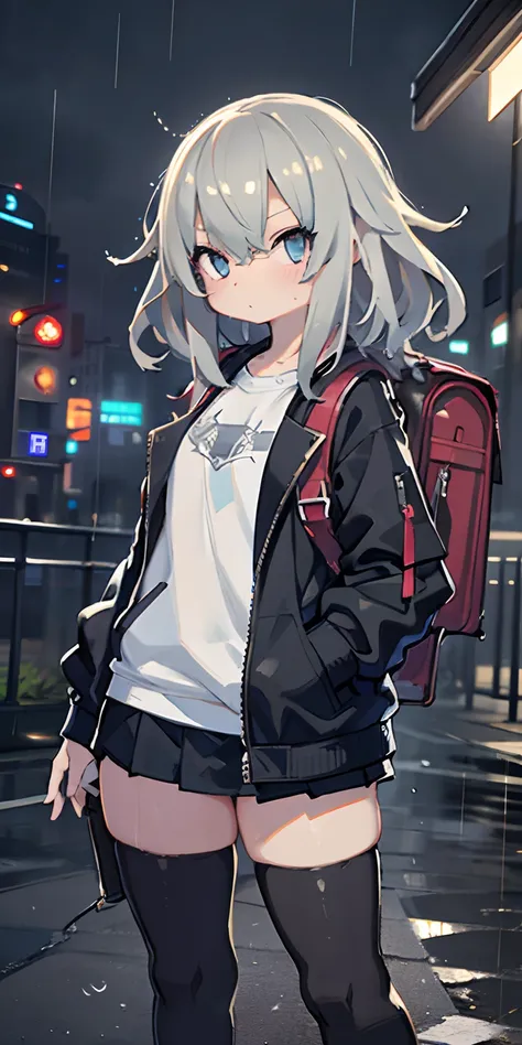 1girl, jacket, rain, outdoors, sweatshirt, open jacket, chain, backpack, looking at each other, messy hair, artstation trend, 8k resolution, highly detailed, anatomically correct, sharp image, digital painting, concept art, trend pixiv, styled by Makoto Sh...