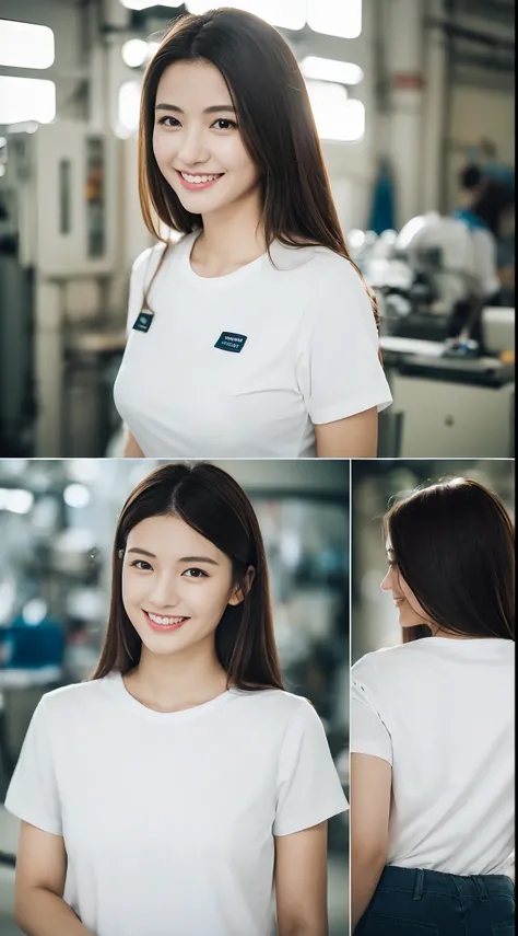 masutepiece, Best Quality, 超A high resolution,(photographrealistic:1.4) (depth of fields),(Lens Glow) ,inside factory:1.5、a Pretty Japanese woman１a person:1.5、(White Workwear Pants:1.5)、(white t-shirts:1.5)、(posterior view:1.5)、Shy smile、