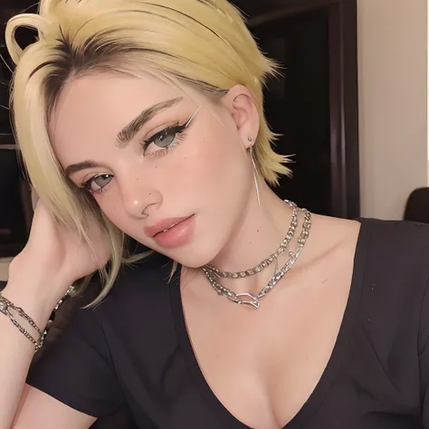 masterpiece, best quality,realistic,absurdres,1girl,looking at viewer,egirl_outfit,egirl_face, night, street, face detail, face retouch, downblouse, leaning forward, massive breasts, smiling, laughing, spiky hair with wispy bangs, chains, spiky hair, spike...