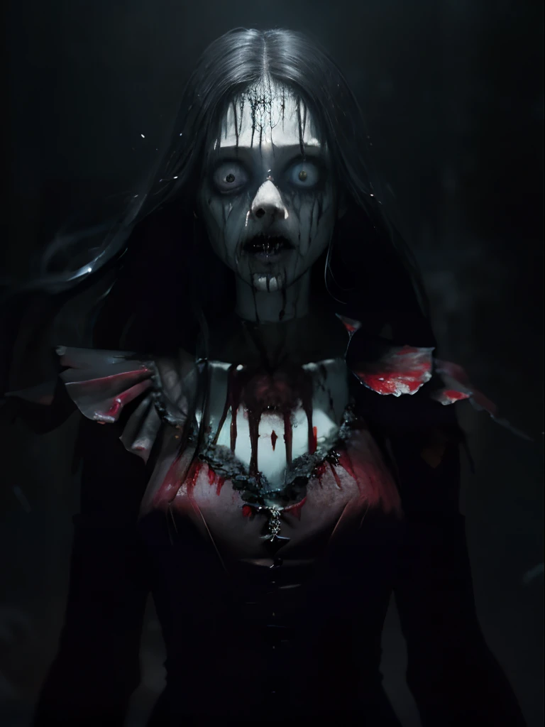 1woman, psycho, floating, ethereal, wide eyes, Scary,  creepy,  ghastly, zombie, bloody, dark priestess, cursed, dark background, horror, 8k, real