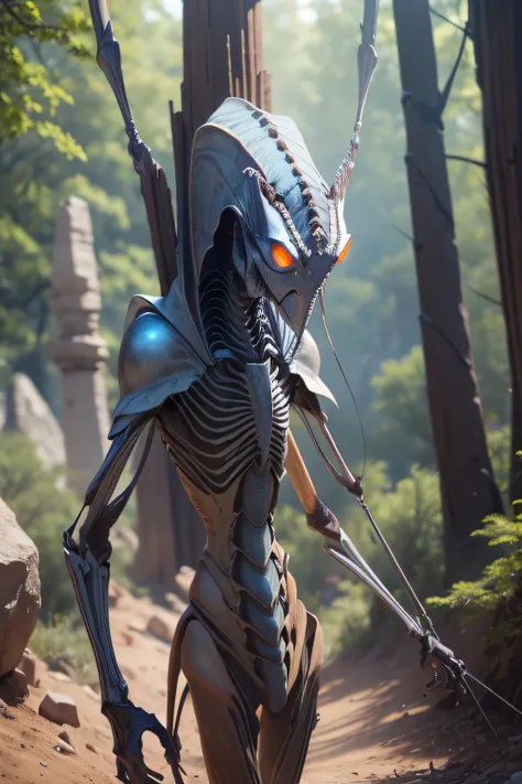 A tall slender praying mantis insectoid with four arms. Holding a spear and wearing a bandelier backpack. light brown skin, Carapace armor  (masterpiece, best quality), (blue eyes), (perfect hands), (Hyper realistic:1.6), ((detailed face)), ((award-winning...