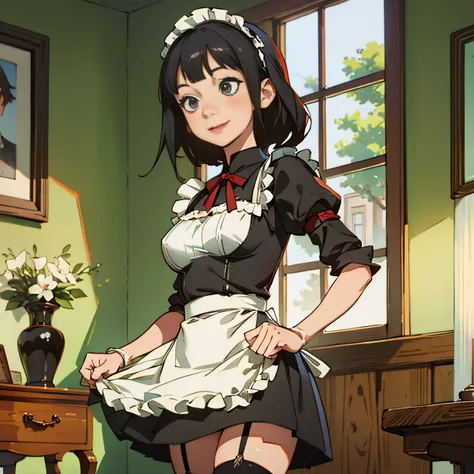 masutepiece, Best Quality, hight resolution, chika1, fujiwara chika, maid dress, breasts, Red Ribbon, Blunt bangs, Large breasts, Cowboy Shot, Smile, Indoors, Sexy Pose, Breast Out, maid, meidofuku, Black Maid Dress, Apron, maid apronl, Mini skirt, garter ...