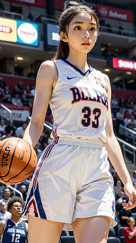 Girl in white basketball uniform, tall, is throwing and dribbling