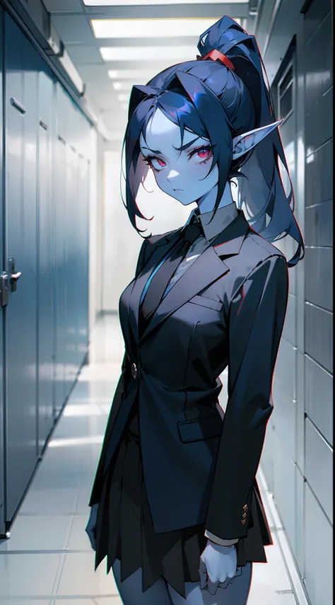 1girl,((blue skin)),mature female,solo,serious face,black skirt,black tie,black blazer,dark blue hair,long ponytail hair,elves ears,red eyes,standing in a school hallway,cowboy shot