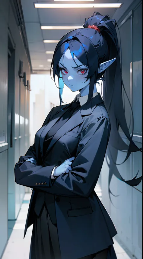 1girl,((blue skin)),mature female,solo,serious face,black skirt,black tie,black blazer,dark blue hair,long ponytail hair,elves ears,red eyes,standing in a school hallway,cowboy shot