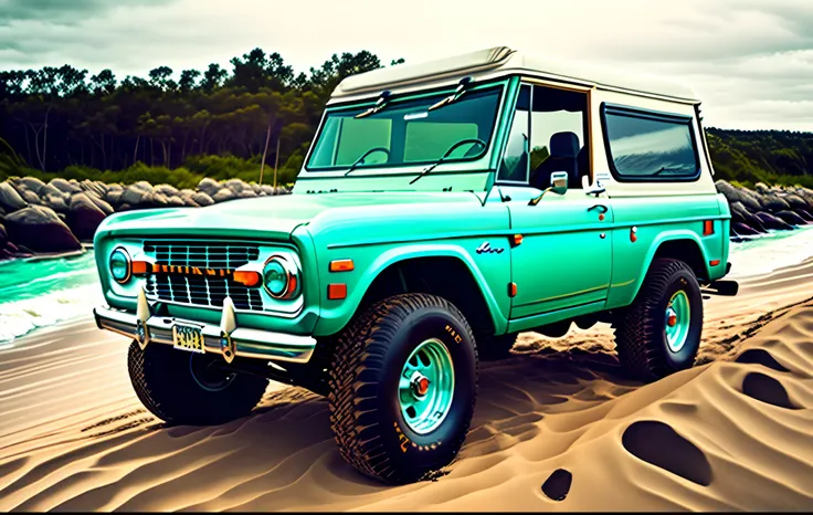 1971 ford bronco, aqua color, with white roll bar, white grill, white wheels and big tires on a beach