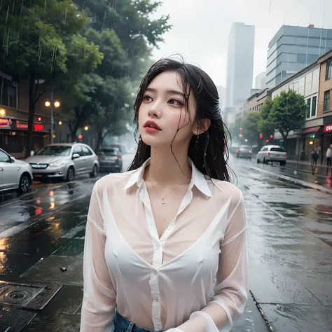 ((32K, top-quality:1.5, ​masterpiece, 超A high resolution, Photorealsitic)), 1girl in, 22year old, street corner, Summer evening, ((Guerrilla downpour)), Highly detailed facial and skin texture:1.2, ((look up sky, Wet body, Sexy woman getting wet in the rai...