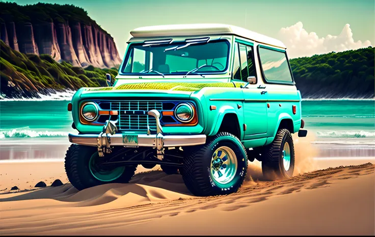 1971 ford bronco, aqua color, with white roll bar, white grill, white wheels and big tires on a beach