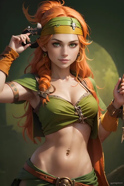 medieval portrait of a young, (smiling:0.8) female pirate with irish descent, long fire orange hair, tanned skin, (freckles:1.2), (green eyes:1.2), (pirate clothes:1.5), (brown trousers:1.2), (green headband:1.5), (navel piercing:1.3)