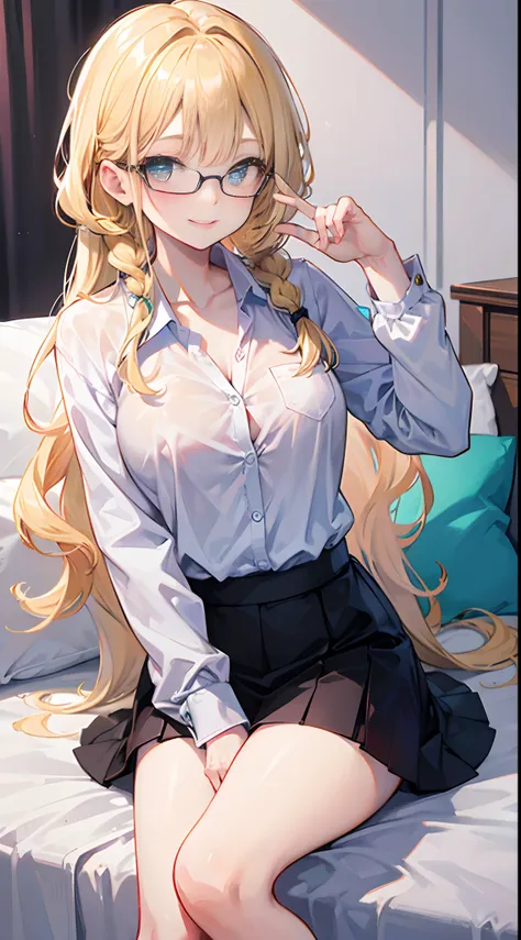 18-year-old blonde, Turquoise eyes, long-haired,Braid left and right, Wear glasses, Wear a white long-sleeved shirt....button up.  Black miniskirt, sitting on the bed, Show off your chest....With a smiling face...