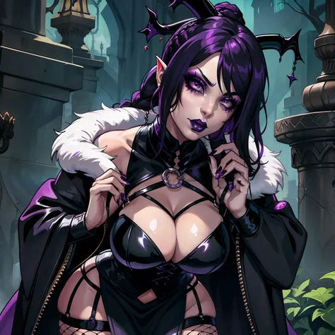 Gothic female wearing sexy fur lined dress, has purple hair, thicc, wearing fishnets, sexual pose, nsfw, lewd, black lipstick, goth makeup, has demon wings, has tiefling horns