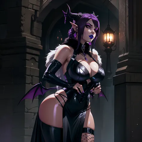 Gothic female wearing sexy fur lined dress, has purple hair, thicc, wearing fishnets, sexual pose, nsfw, lewd, black lipstick, goth makeup, has demon wings, has tiefling horns