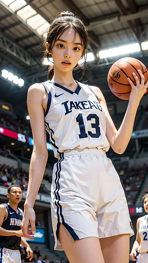 Girl in white basketball uniform, tall, is throwing and dribbling