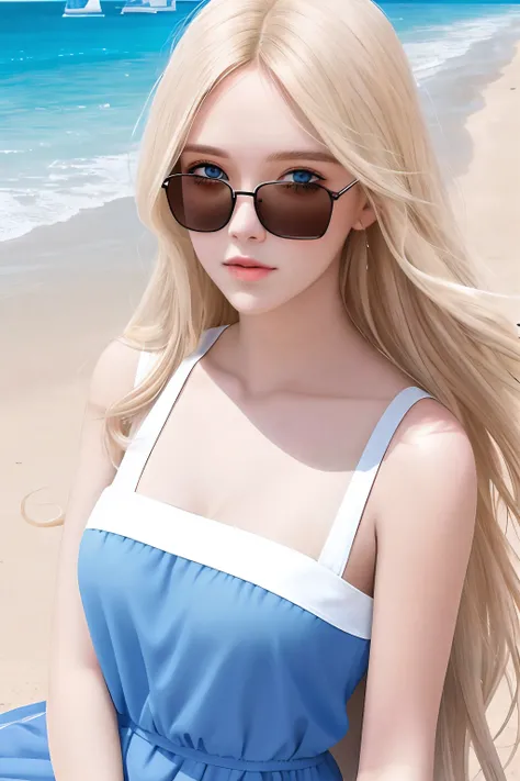 A photorealistic portrait of a 25-year-old American girl with long, flowing blonde hair and striking blue eyes with sunglass Wearing white t-Shart. She should have a natural, approachable expression and be illuminated by soft, golden-hour sunlight. The bac...