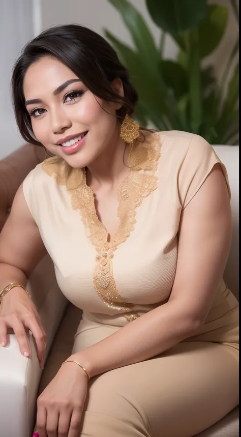 Malay girl, very long golden brown hair, side swept hair, wear  kebaya, happy pose, front view, windy, detail skin, age spot, detail skin texture, mole below eyes, small breast, flat chest, wide hips, small waists, thick thighs, slim abs, beautiful body, n...