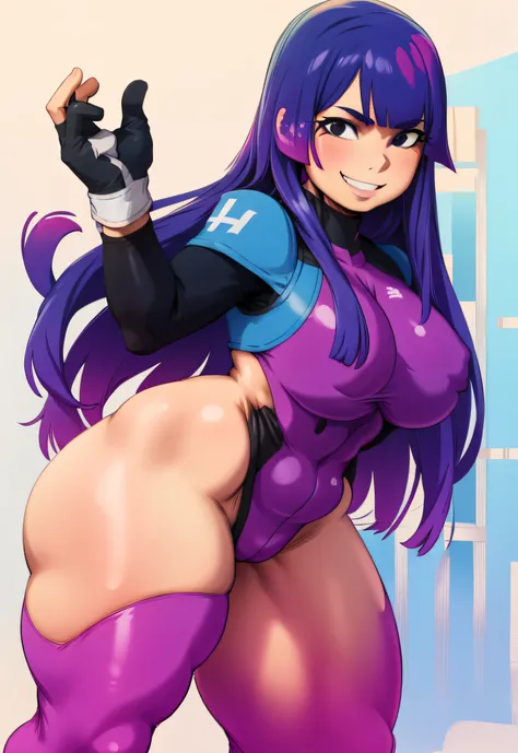 1girl, miko_kubota, long hair, smile, bodysuit, gloves, thick thighs