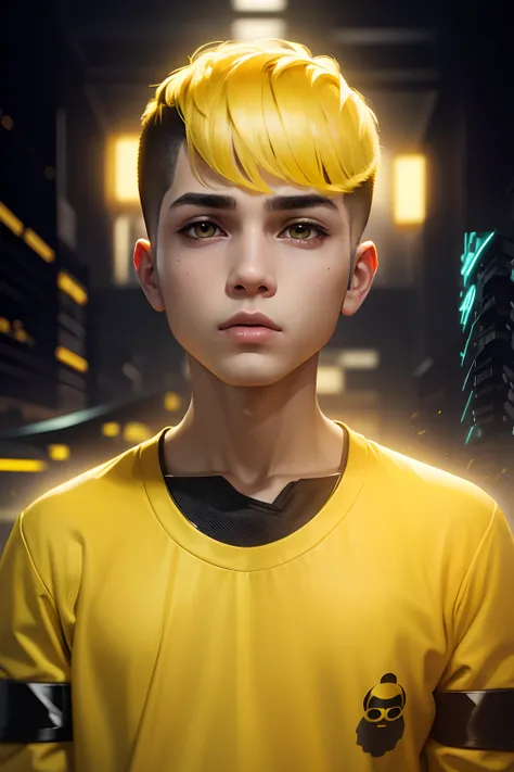 Cyber punk background,realstic,buzz cut hair,boy look,yellow tshirt