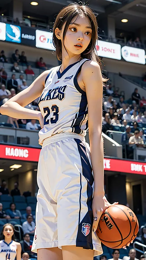 Girl in white basketball uniform, tall, is throwing and dribbling