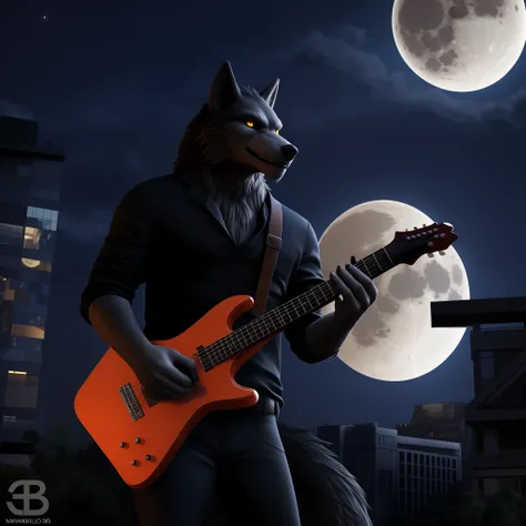 (best quality,3d rendering:1.2),(detailed,realistic),(werewolf),(guitar),(skyscraper),(night scene),(full moon),(xbox series s g...