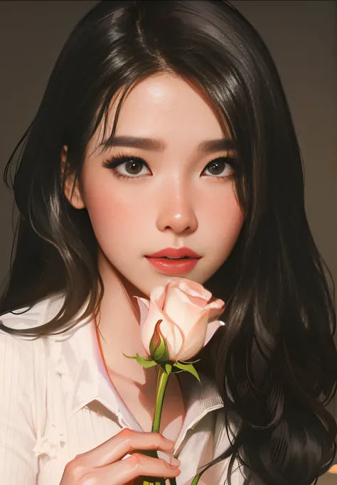 ((Masterpiece)), ((Best Quality)), arafed woman with long hair holding a rose in her hand, iu, iu lee ji-eun as a super villain, portrait of lee ji-eun, lee ji - eun