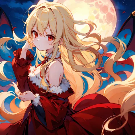 Wavy blonde、red eyes、One beautiful vampire girl、Fluffy red clothes、off shoulders、a moon、natta