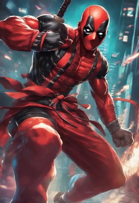 Fusion entre Deadpool de Marvel y Kirito de SAO.Realistic 3D rendering, Full body photography, hiperrealista