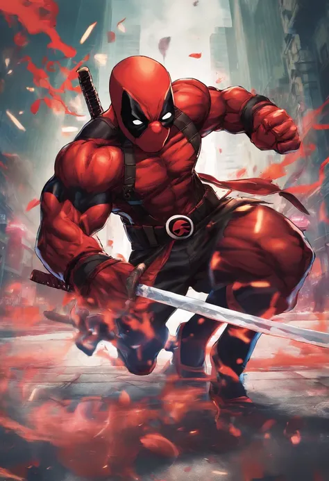 Fusion entre Deadpool de Marvel y Kirito de SAO.Realistic 3D rendering, Full body photography, hiperrealista