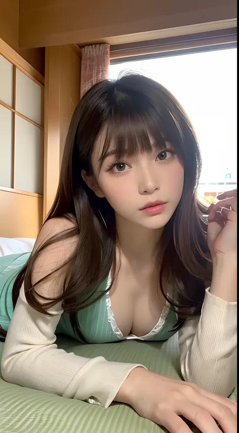 (Best Quality, 8K, masutepiece, Ultra HD: 1.3), 1girl in, small tits ,light brown hair, Blunt bangs, hair behind ear, hair over shoulder, Long hair,  slender body shape, Ultra Fine Face, Delicate lips, Beautiful eyes, Double eyelids, lipsticks, thin blush ...