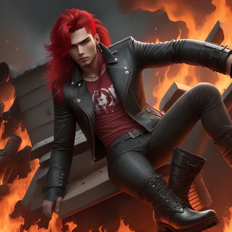 Hombre real , atractivo con cabello rojo, estilo rockero con chamarra negra ardiendo en fuego infernal y botas