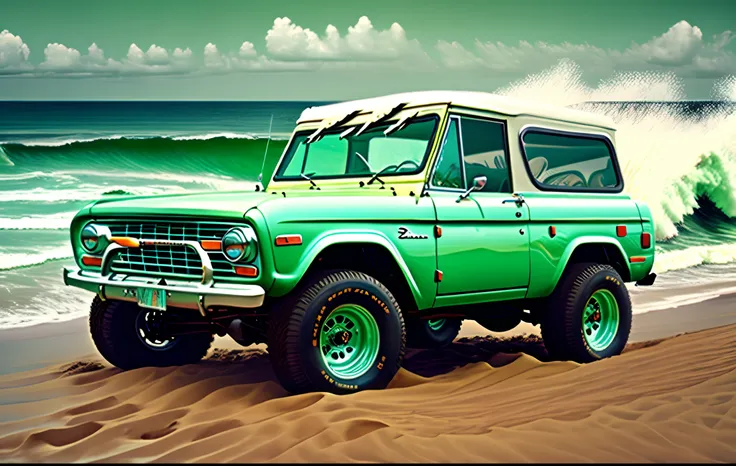 1971 ford bronco, sea foam green colored, with the top off, a white roll bar, a white grill, a set of white steel wheels, with big tires and a matching spare tire on the back, on a beach