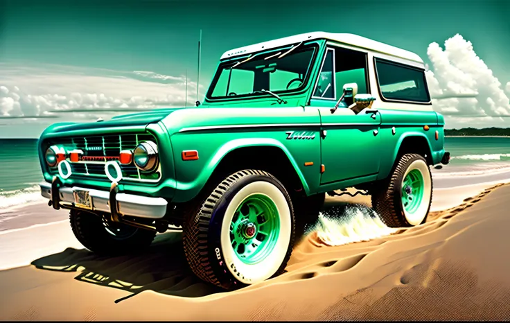 1971 ford bronco, sea foam green colored, with the top off, a white roll bar, a white grill, a set of white steel wheels, with big tires and a matching spare tire on the back, on a beach