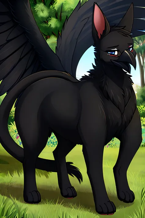 ((feral:1.8)), (quadruped:1.5), perfect eyes, (all black body:1.3), female, wide hips, (Gryphon:1.3), (long beak:1.25), (cat_tail:1.15), feathered wings, digitigrade legs, big butt,