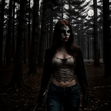 Generate a striking photograph of Autumn in her mid-20s, standing at approximately 54". She embodies a female version of Jason Voorhees from the Friday the 13th franchise. Her long, wavy chestnut hair cascades eerily over her shoulders, and her athletic ho...