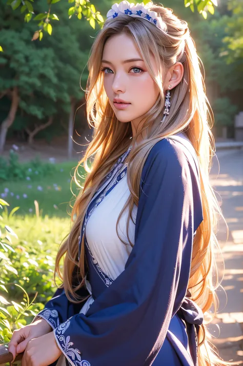 ((masutepiece)), ((Best Quality)), ((hight resolution)), ((Detailed background)), ((the Extremely Detailed CG Unity 8K Wallpapers)), Solo, Ziona, Blonde hair, Long hair, Blue eyes, Hair Tuft, Cowboy Shot, Outdoors, ((maid clothes))、​masterpiece, top-qualit...